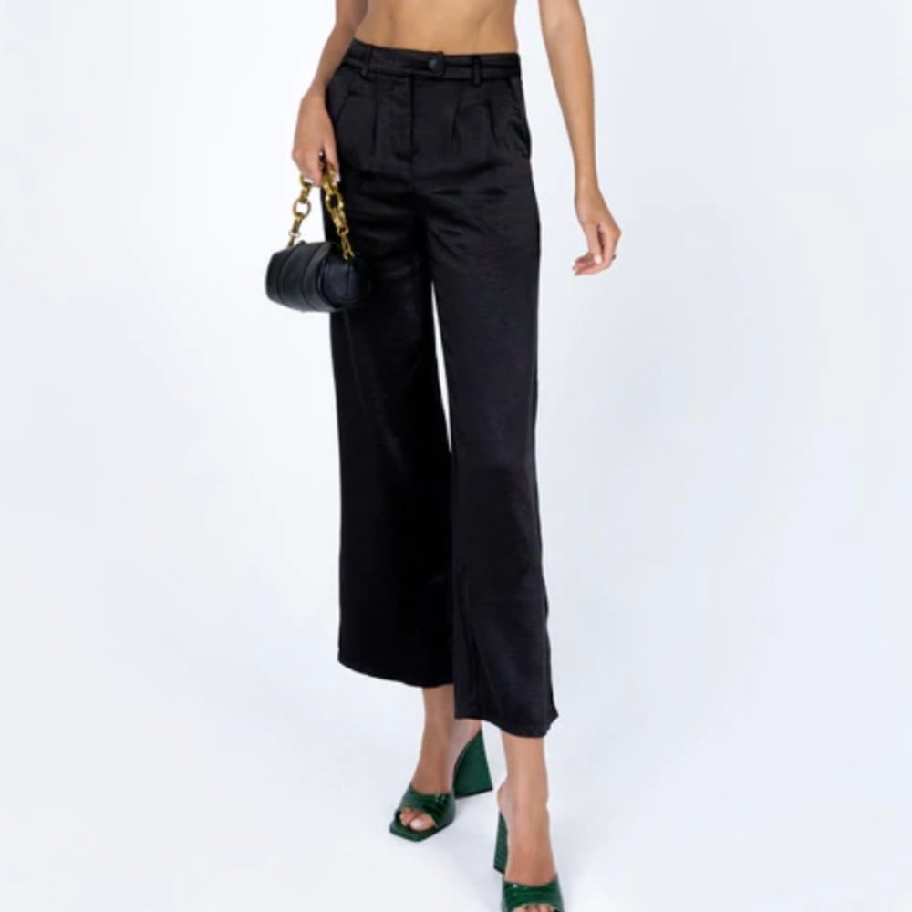 Princess Polly Huxley Black Satin Wide Leg Trouser Pants 8 - Picture 2 of 10